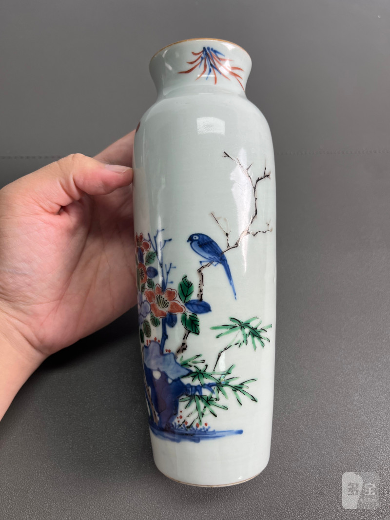 清顺治  青花五彩花鸟纹筒瓶 - 图6